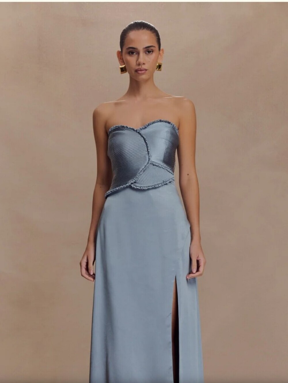 Meshki Slate Blue Strapless Satin Gown with High Slit - Picture 2 of 12